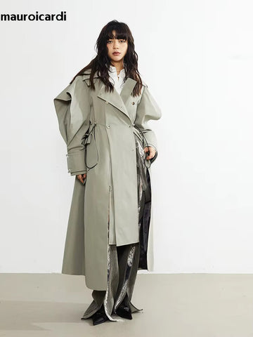 christmas outfit Sonicelife Spring Long Oversized Elegant Ruffled Trench Coat for Women Double Breasted Luxury Designer Overcoat Runway Fashion