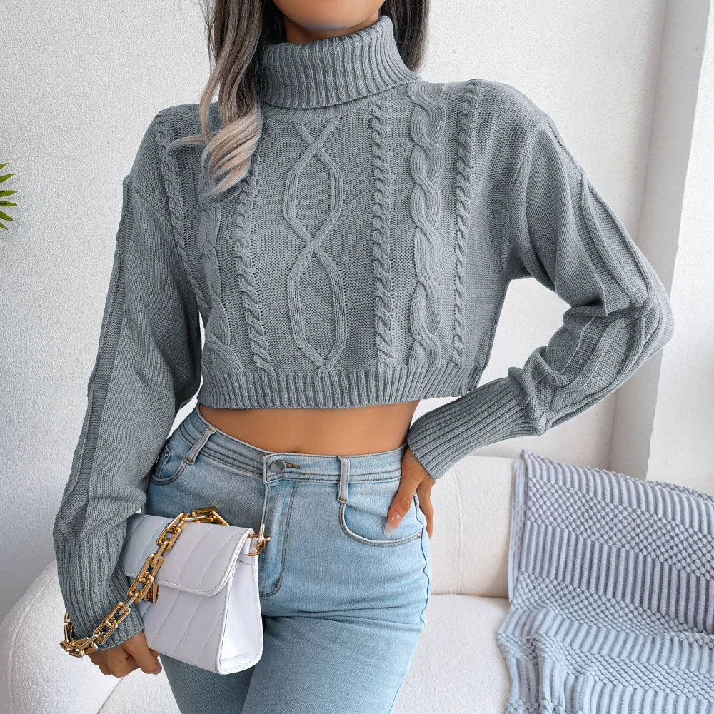 Sonicelife Autumn Winter 2024 Crop Top Women Turtleneck Sweater Long Sleeve Casual Knitted Sweater