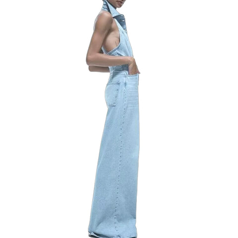 Sonicelife Women's Denim Jumpsuit with Hanging Neck Single Breasted Design Fashionable and Sexy Temperament Hanging Back New