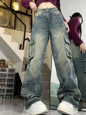 Sonicelife-Street Multi Pocket Splice Cargo Jeans