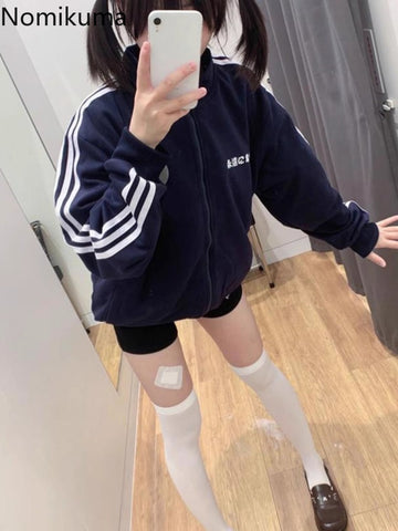 Sonicelife Preppy Style Women Hoodies Streetwear Cartoon Stand Neck Y2k Coats 2025 Ropa Mujer Casual Fashion Zipper Cute Sweatshirts Tops