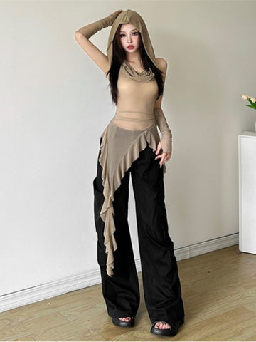 Sonicelife Y2K Vintage 90s Grunge Mesh See Through Hooded Tops Streetwear Irregular Hem Ruffles Hoodie Women Slim Blouse with Cuffs New