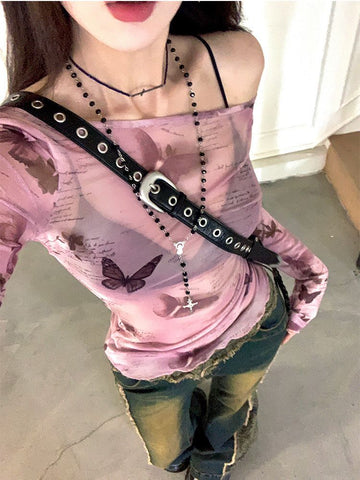 Sonicelife 2025 Sweet Two Pieces Set Long Sleeve T Shirts + Sleeveless Tank Top Grunge Y2k Aesthetic Butterfly Printing See Through Tops