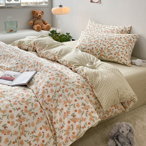 Sonicelife Cotton Bedding Set Floral Rabbit Ins No Filler Duvet Cover Flat Sheet Pillowcase Full King Size Soft BedSpread Home Textile