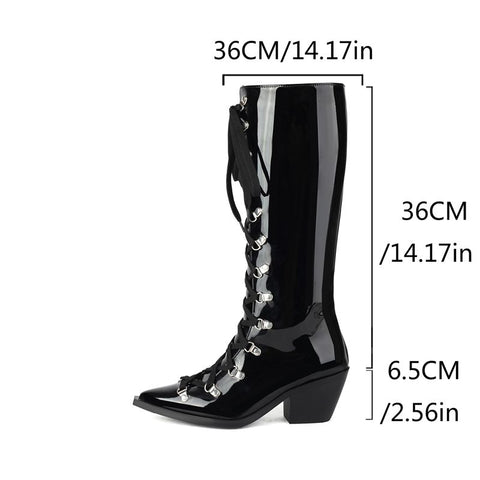 thanksgiving outfit Sonicelife Patent Leather Women Knee High Boots Pointed Toe Chunky Heel 6.5cm Lace Up Decor Size 44 45 46 Booties