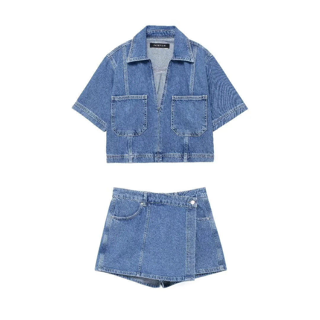 thanksgiving outfit Sonicelife 2024 Spring Summer Casual Denim Women Suits Fashion Pockets V Neck Pullover Half Sleeve Shirts+Chic Mini Shorts Skirts