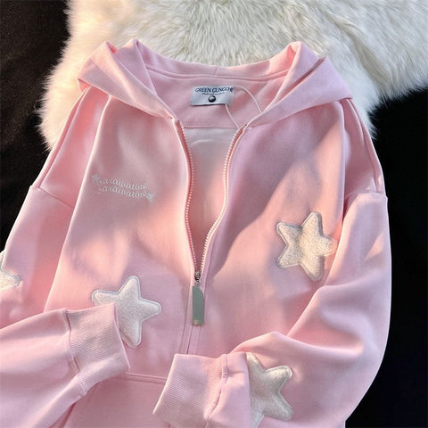 Sonicelife Streetwear Embroidery Star Hoodie Women Clothing Thicked Zipper Hooded Jackets Y2k Tops Casual Fashion Vintage Sweatshirts Coat