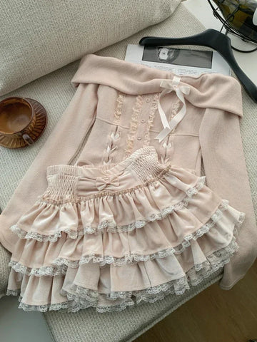 Sonicelife Autumn Winter New Two Piece Set Kawaii Bow Off Shoulder Long Sleeve Tops + 2yk High Waist Ruched Cake Skirt Japanese Pink Suits