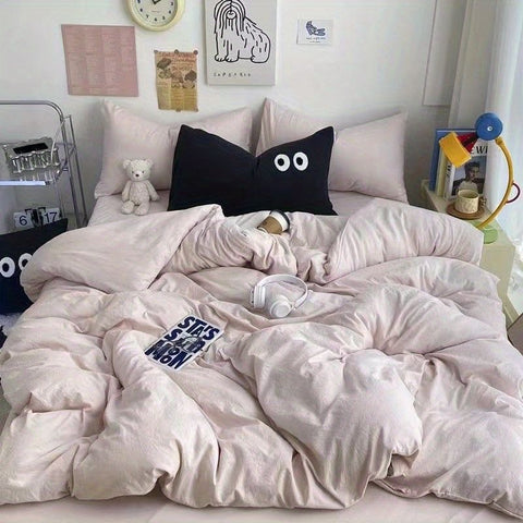 Sonicelife Cute Duvet Cover Set with Sheet Pillowcase No Filler Warm Solid Color Bed Linen Full Queen Size Korean Big Eyes Home Bedding Set