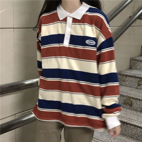 Sonicelife Polo Collar Stiped Oversized Long Sleeve Tee