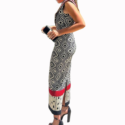 Sonicelife Women's Printed Round Neck Design Dress Slimming and Versatile Midi Long Skirt New Design