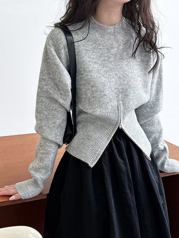 Sonicelife Retro Design Zipper Sweaters Women Casual Korean Loose Long Sleeve Knitted Pullovers Vintage Simple Solid Female Jumper Top