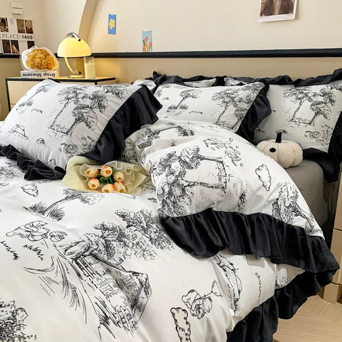 Sonicelife New Washed Cotton Edge Three - Four Piece Quilt Set Printed Small Clear Cover Double Bedding Set 180x220 200x230