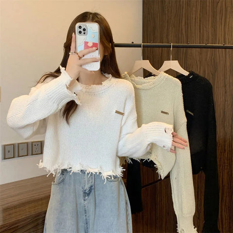 Black Friday Sonicelife Hollow Out Knitted Sweater Women Long-Sleeved Harajuku Y2K Chic Loose Lazy Pullover Hip-Hop Spring Fall Female Cropped Tops