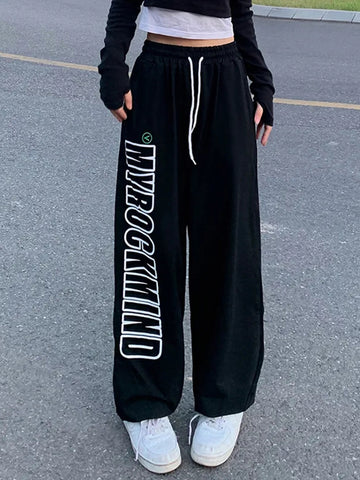 Sonicelife Women Streetwear Letter Sweatpants Loose High Waist Retro Harajuku Trousers Casual Lace Up American Fall Bf Oversize Pants
