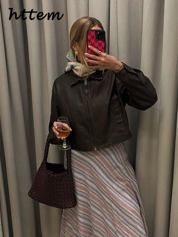 Sonicelife Vintage Women's Short Leather Jacket Lapel Zipper Long Sleeve Female Locomotive Jackets 2024 Autumn Lady High Street Outwear New