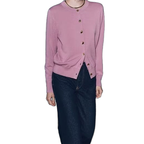 Sonicelife Women's Monochromatic Knitted Cardigan Deep Neck Gold Breasted Modified Plain Needle British Style Commuter Temperament Casual