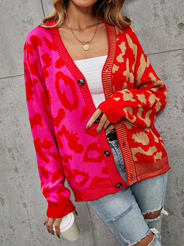 christmas outfit Sonicelife Long Sleeves Loose Buttoned Leopard Split-Joint V-Neck Cardigan Tops