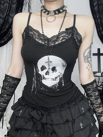 Sonicelife Mall Gothic Skull Printed Camisole Women Vintage Streetwear Y2k E-girl Harajuku Cyber Punk Lace Patchwork Crop Tank Tops