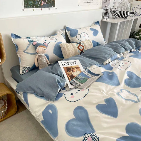 Sonicelife Rabbit Bedding Set Cute Sweetheart Spring Soft Flat Sheet Duvet Cover Pillowcase Single Double Queen Size Bed Linen