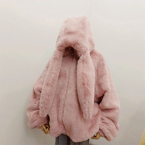 Sonicelife Winter Oversized Warm White Faux Fur Coats Women Clothes Bunny Ears Kawaii Sweet Cute Japanese Y2k Tops Fluffy Jacket Hoodie