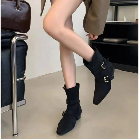 Sonicelife 2025   new fashion design khaki suede leather buckle strap pointed toe boss boots punk style goth square heel women shoes