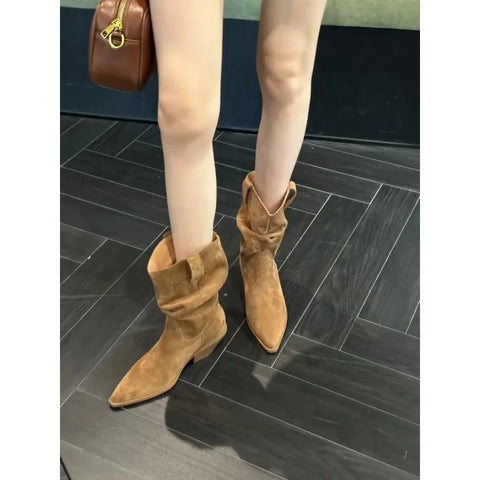 Sonicelife 2025  New Western Boots Flock Falt Mid Heels Black Brown Winter Short Boots Woman Chelsea Boots