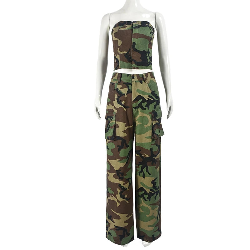 Sonicelife Street Women 2 Piece Camouflage Buttons Strapless Tops Pockets Camo Cargo Pants Sets Camo Bustiers Baggy Pants Two Piece Outfits