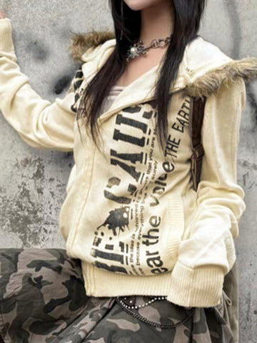 Sonicelife Vintage Harajuku Y2k Sweatshirt Women Cyber Punk Gothic Lettes Printed Fur Collar Zipper Loose Casual Hooded Cardigan