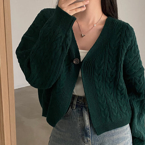 Black Friday Sonicelife V-Neck Twist Cropped Sweater Women Loose Solid Casual Knitted Single-Button Cardigan Harajuku Y2K Hip-Hop Spring Fall Jumpers