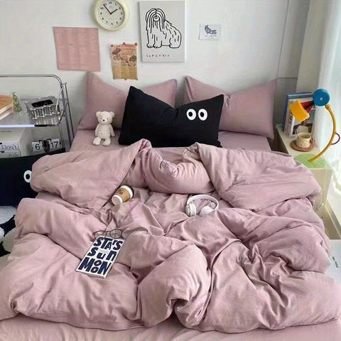 Sonicelife Cute Duvet Cover Set with Sheet Pillowcase No Filler Warm Solid Color Bed Linen Full Queen Size Korean Big Eyes Home Bedding Set