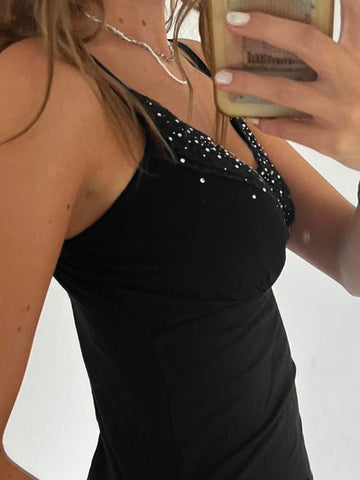 Sonicelife Streetwear Mall Goth Camis Women Y2k E-girl Diamond Printed Lace Patchwork V-neck Crop Tank Tops Grunge Indie Clothes