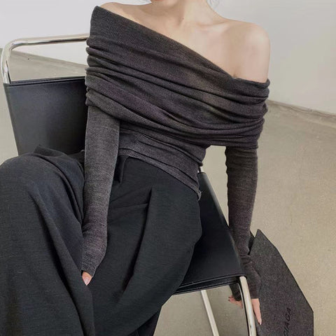 Sonicelife Women Knitwear Slash Neck Sweater Long Sleeve Solid Off Shoulder Autumn Thin Pullovers Office Lady Elegant Tops Winter