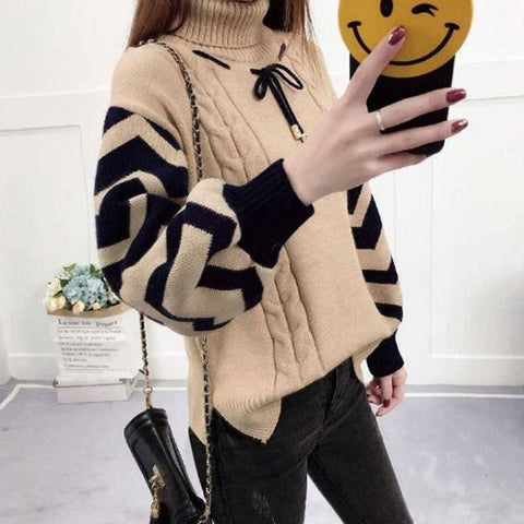 Black Friday Sonicelife Twisted Turtleneck Pullover Sweater Women Lantern Sleeves Striped Pactchwork Fall Winter Warm Knitted Sweater Casual Lazy Tops