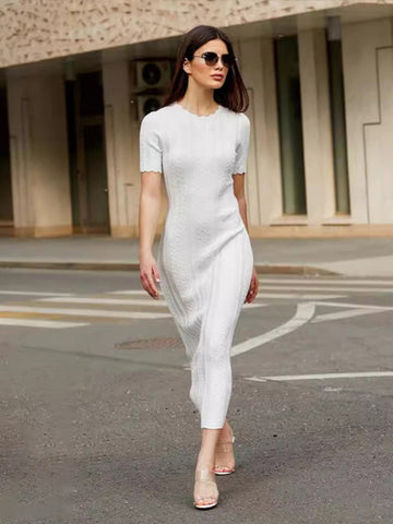 Sonicelife Elegant Knit Ribbed Maxi Dress Women Slim O-neck Short Sleeve Hip Package Female Dresses 2024 Summer Lady Solid Casual Robes New