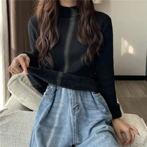 Black Friday Sonicelife Fall Warm Slim Women Sweater Korean Casual Mock Neck Thick Velvet Knit Pullover Solid Soft Basic All Match Knitwear Jumper New