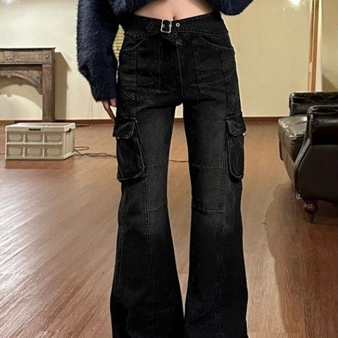 Sonicelife Vintage Wash High Waist Cargo Jeans