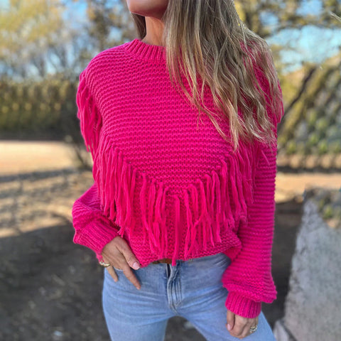 Sonicelife Women Pink Knitted Sweater Tops Cashmere Knit Tassel Jumper Pullovers Long Sleeve Loose Sweaters Y2K Aesthetics Retro Sweater