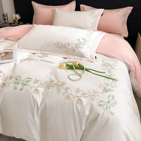 Sonicelife New High-End Simple and Light Luxury Skin-Friendly Cotton Four-Piece Set Simple Embroidery Bedding Lily