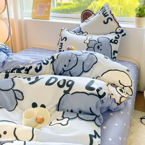 Sonicelife Lucky Dog Bedding Set Cute Cartoon No Filler Twin Full Size Duvet Cover Flat Sheet Pillowcase Fashion Girls Boys New Bed Linen