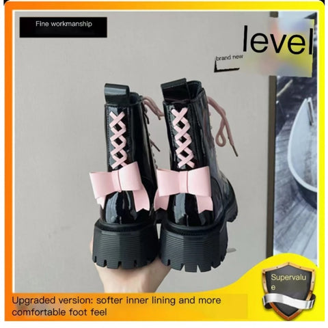 Sonicelife Sweet Cool  Boots Women's Summer Pink Bow Lacquer Leather Skinny Motorcycle Boots English Style Thick Sole Short Boots