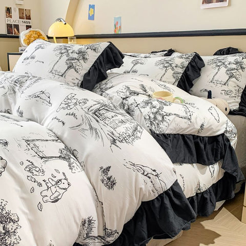 Sonicelife Ink Style A-class Skin Friendly Washed Cotton Four Piece Set With Lotus Leaf Lace Bedding, Bedsheet, Duvet Cover, Single Bed