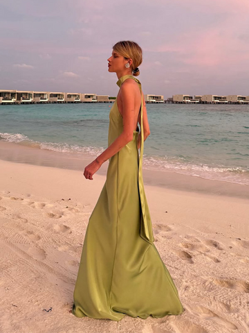 Sonicelife Elegant Green Satin Sleeveless Maxi Dress Chic Stand Neck Lace Up Backless Dresses New Female Summer Vacation Beach Vestido 2025