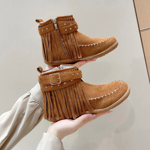 Sonicelife Vintage Women Boots Suede Ankle Boots Fringe Women Shoes Winter Boots Women Side Zipper Casual Shoes Round Toe Ladies Snow Boot