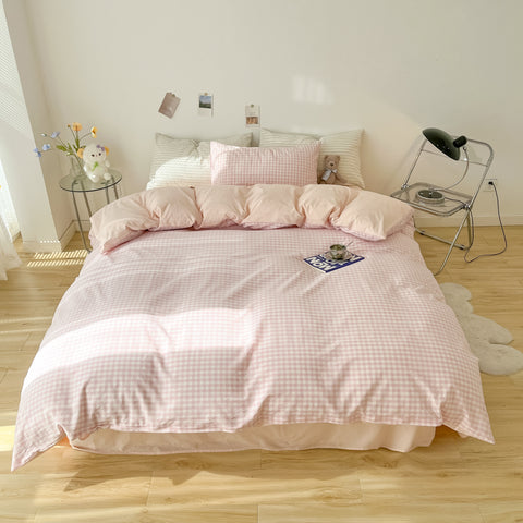 Sonicelife 2024 New Bedding Set Ins Nordic Style Pink Grid Washed Cotton 4 pcs Bed Sheet Set For Girls Duvet Cover and Pillowcase