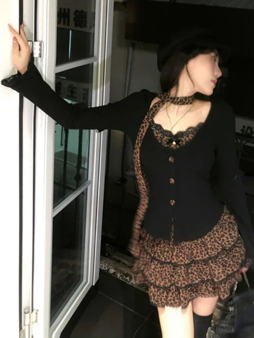 Sonicelife Autumn Winter Vintage Leopard Print Women Outfits Sexy Bow Fake Two Piece Tops + Lace Mini Cake Skirt 2 Piece Set Y2k Clothjing