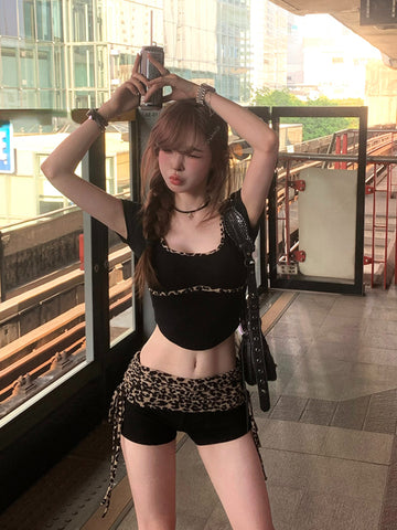 Sonicelife Summer Woman 2000s Vintage Leopard Shorts Sets Casual Y2k Crop Tops Slim Fashion Shorts Hot Girls Aesthetics Sweet Suit Design