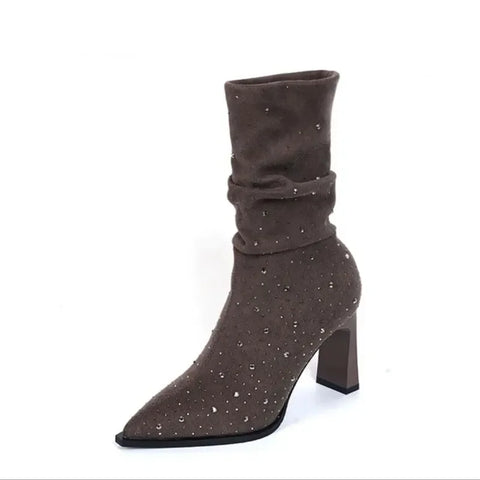 Sonicelife Autumn Winter Knee High Heels Women's Boots Bling Rhinestone Fashion Sexy Banquet Women's Shoes Comfortable Suede Boots Large