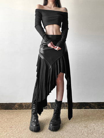 Sonicelife Harajuku Cyber Punk Skirt Women Dark Academia Gothic Streetwear New Fashion Y2k Irregular Pu Patchwork High Waist Skirt