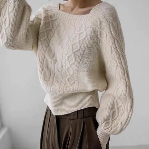 Sonicelife Square Collar Ribbed Sweater Women Thicken Warm Office Jumpers Lantern Sleeve Knit Casual Sweater Women 2024 Fall Winter